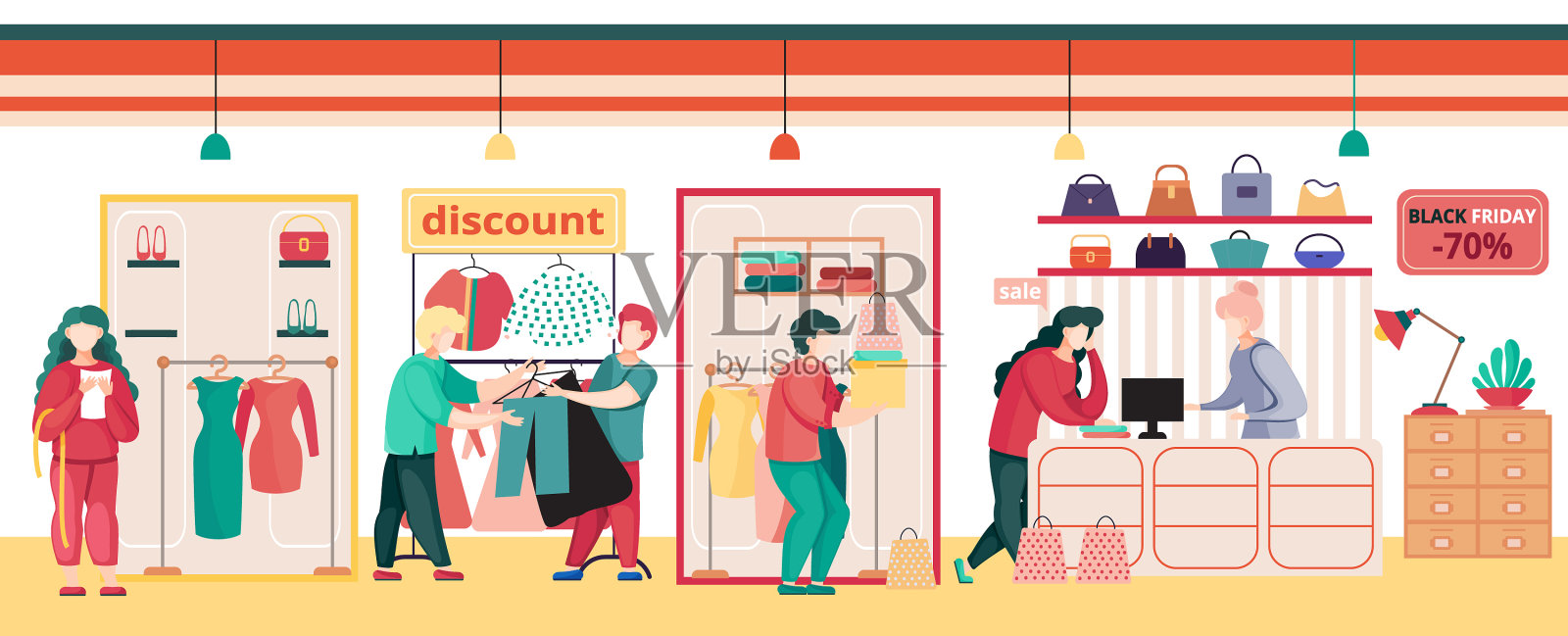 女性在黑色星期五服装商店季节性插画图片素材