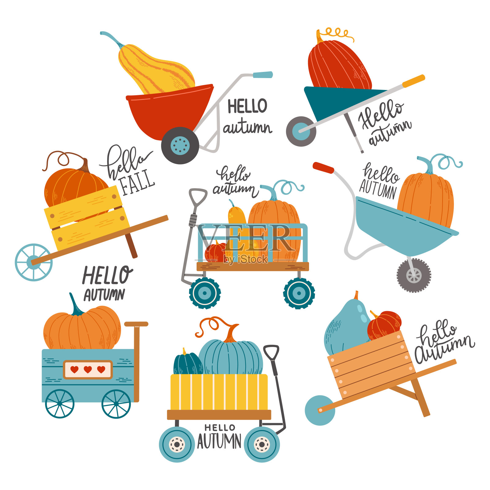 秋季独轮手推车南瓜秋季设定向量元素插画图片素材