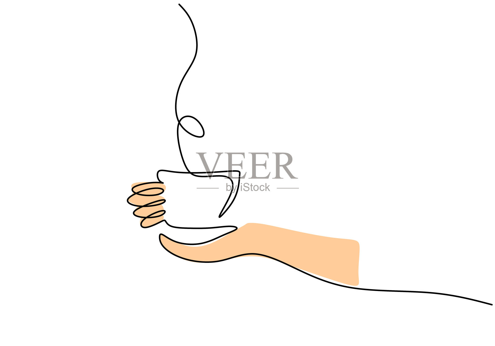 一个连续的单线手绘与手握一杯咖啡孤立在白色背景。插画图片素材
