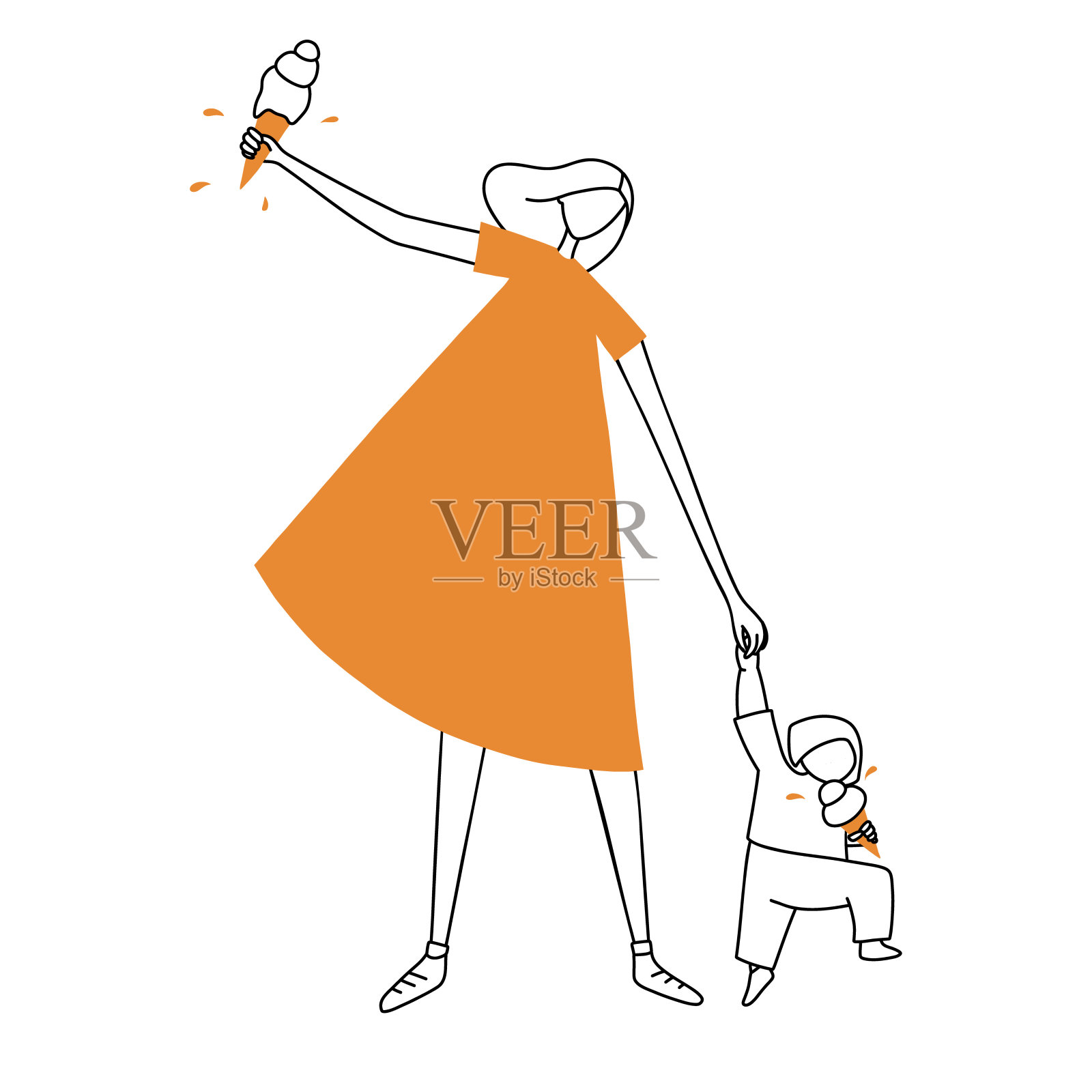 身着橙色连衣裙的年轻母亲拉着逃跑的儿子的手。女人和婴儿在吃冰淇淋。幸福母亲的概念插画图片素材