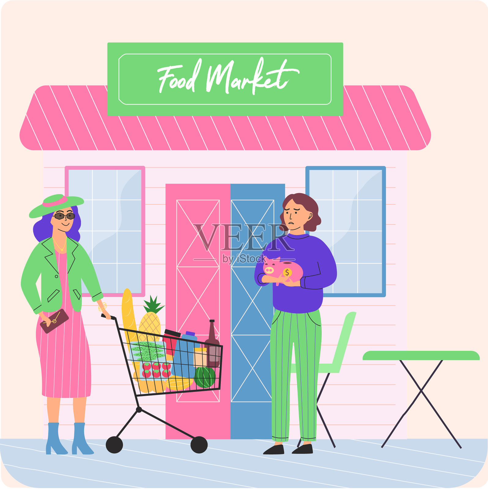 人们在杂货店拿着新鲜的水果插画图片素材