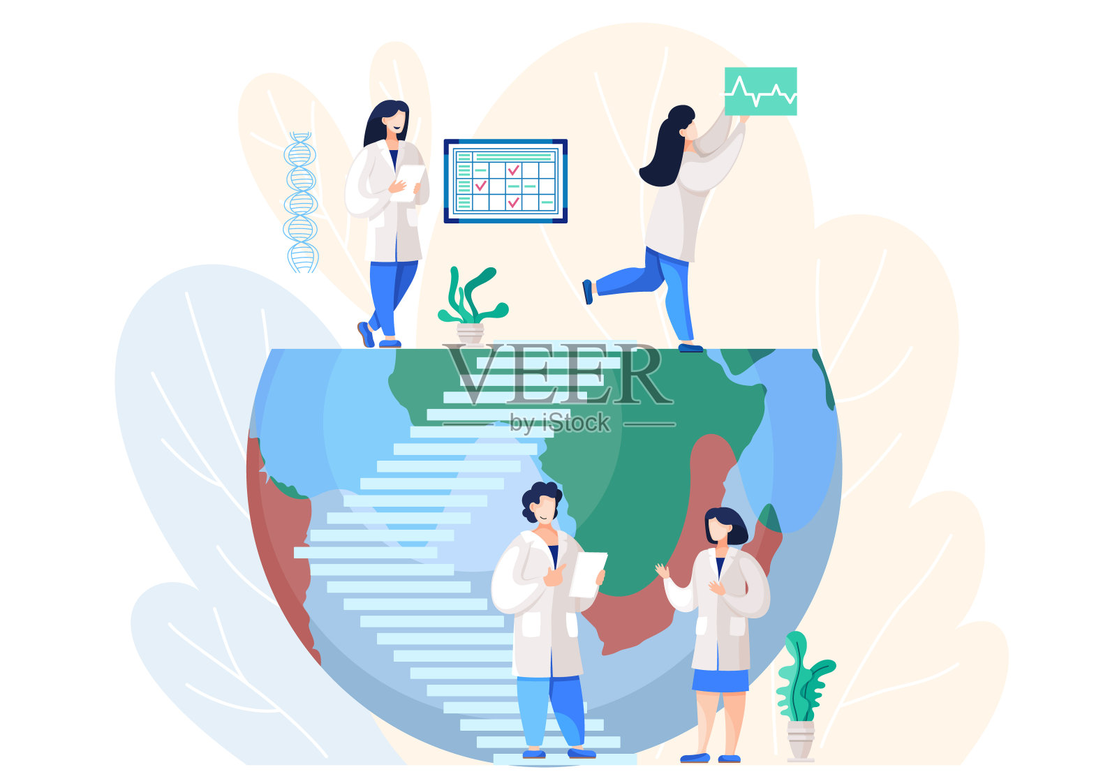 科学家们讨论生态。化学研究人员进行调查。实验室科学实验插画图片素材