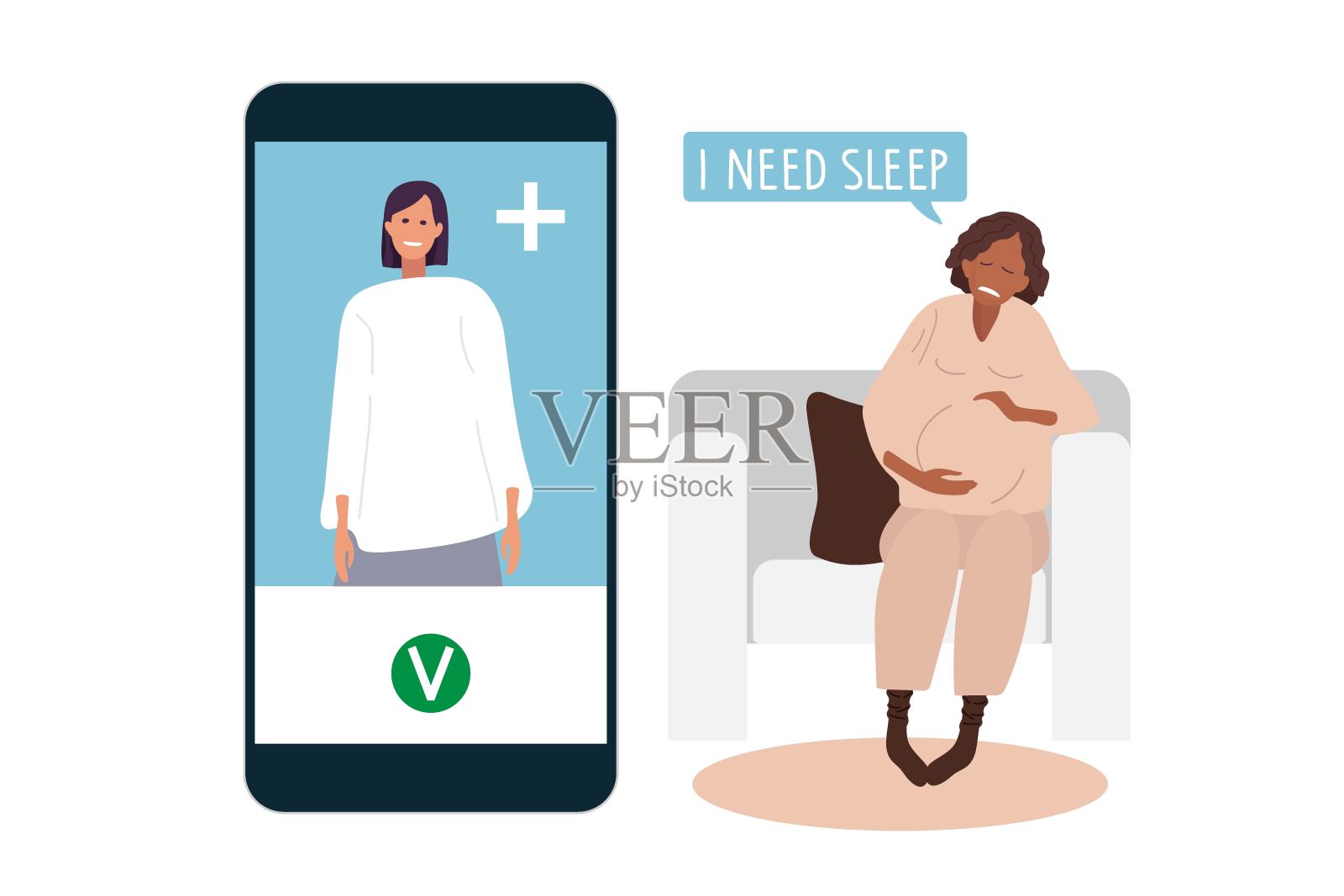 在线心理治疗。孕妇向医生抱怨睡眠不足。医生打电话给孕妇建议。悲伤的非洲裔美国孕妇坐在椅子上。怀孕期间的情绪插画图片素材