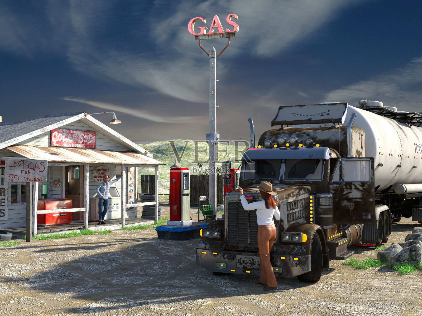 黎明汽油送货在遥远的加油站插画图片素材