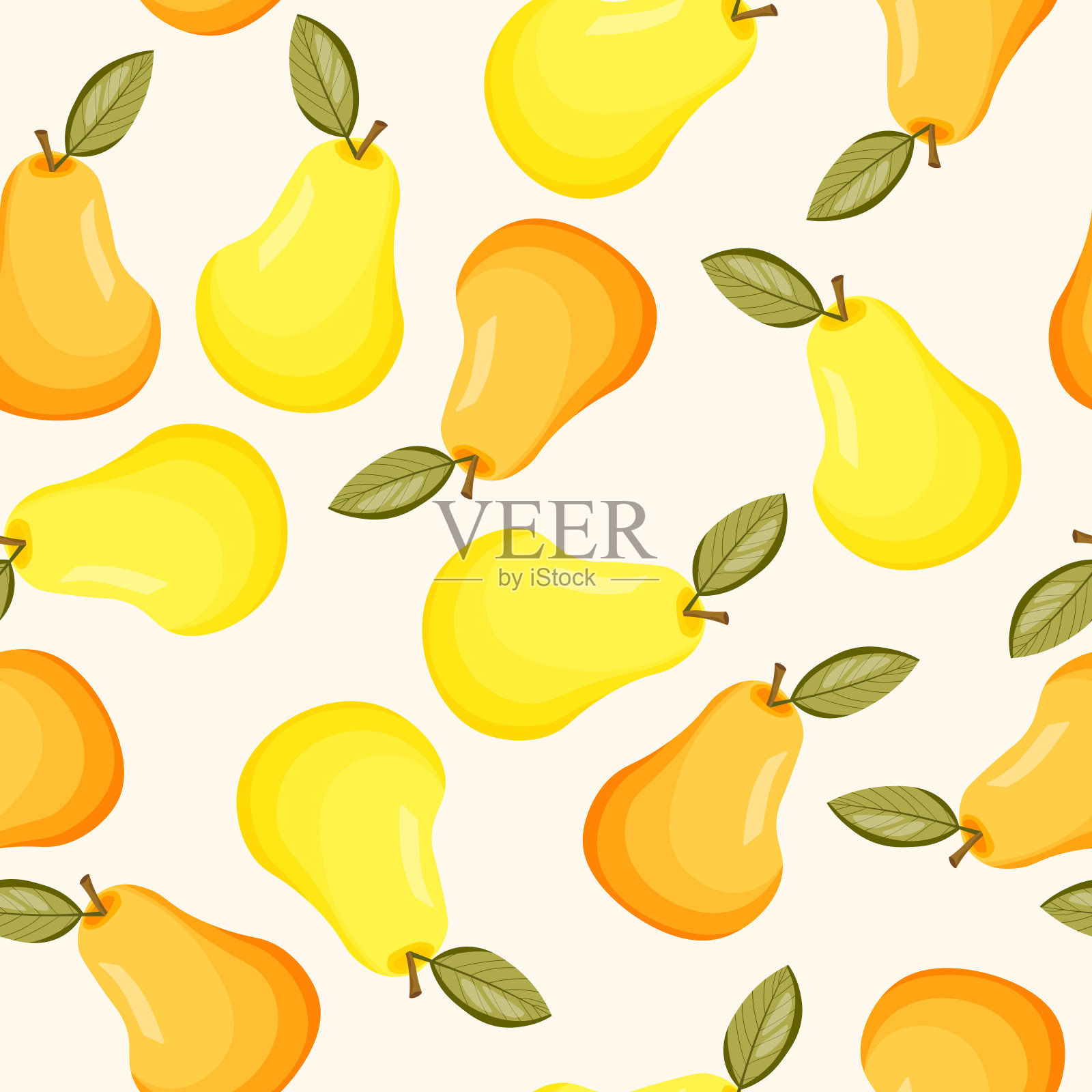 无缝图案与梨在白色背景。天然、美味、新鲜、成熟、美味的水果。矢量插图印刷，织物，纺织品，旗帜，其他设计。带叶子的程式化梨子。食品的概念插画图片素材