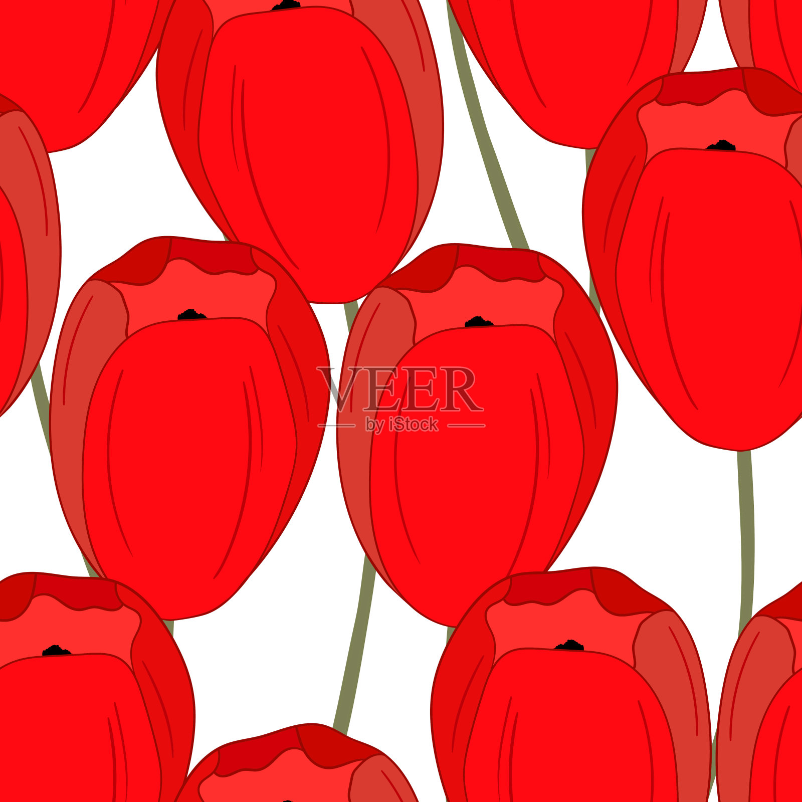 春天彩色矢量插图与红色郁金香。卡通风格。设计面料，纺织品，纸张。复活节，生日，3月8日的假日印刷。花和叶子设计元素图片