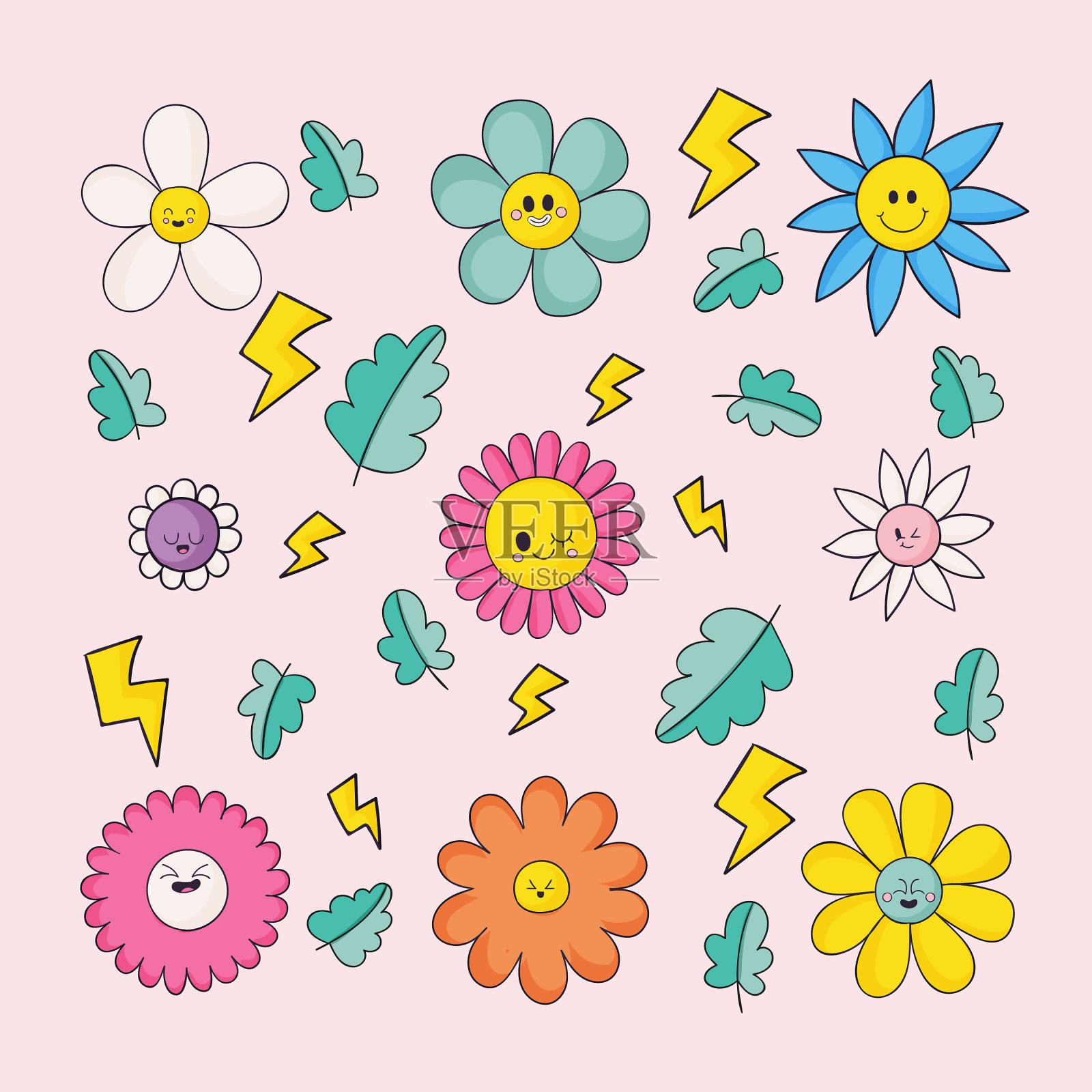 手绘平面设计笑脸花插画图片素材