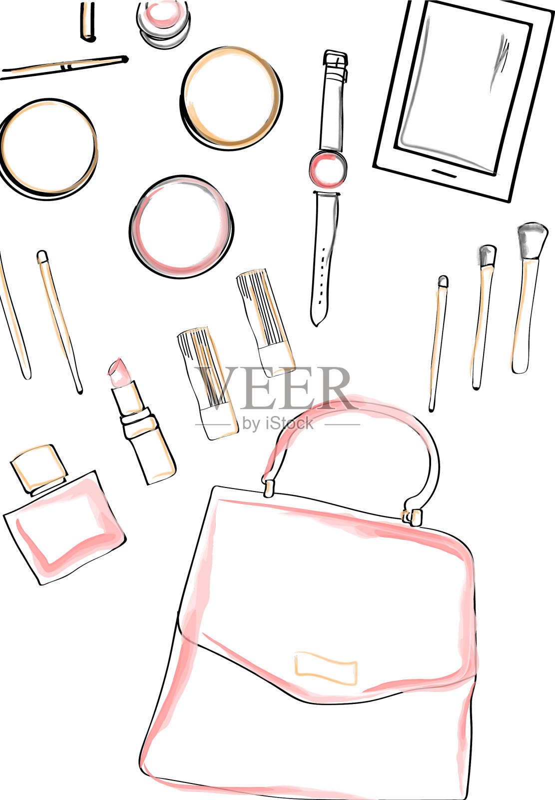 化妆品、口红和水彩笔插画图片素材