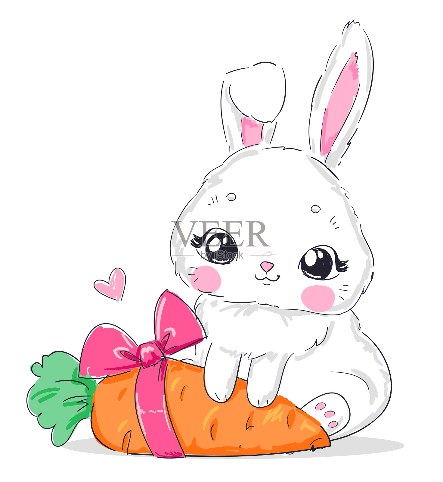 可爱的兔子拿着胡萝卜和粉红色的蝴蝶结设计元素图片