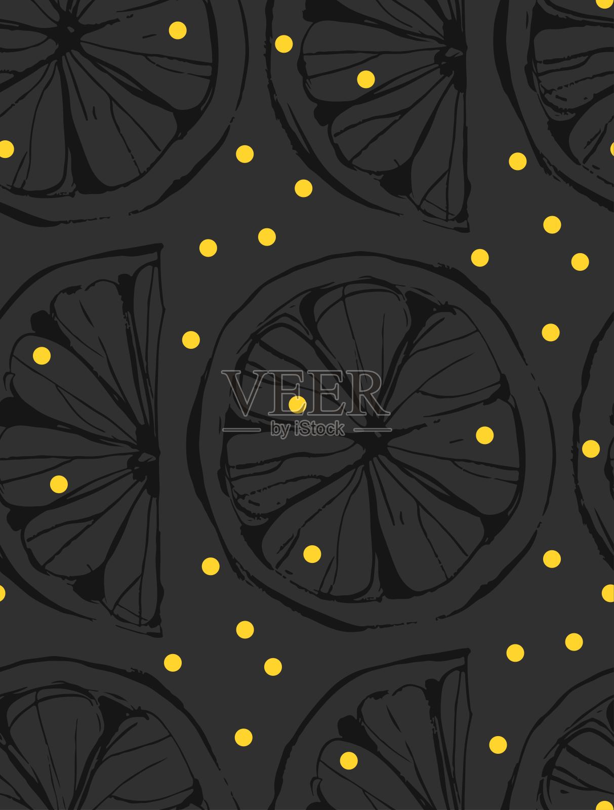 手绘矢量抽象不寻常的夏季时间无缝图案柠檬片和徒手纹理孤立在黑色背景。插画图片素材