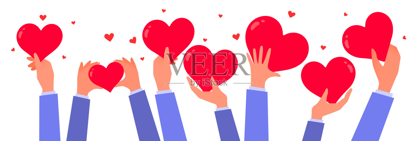 向量善良捐赠和慈善插图与红色心形在白色背景。组手关爱心的形式。扁平风格浪漫的设计分享爱的情人节贺卡插画图片素材