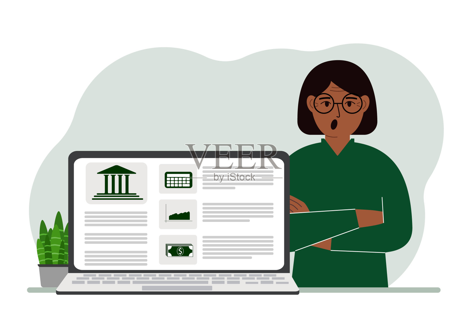 从笔记本电脑或电脑网站进行票据支付、存款、银行账户管理的概念。有笔记本电脑和银行网站的女人。插画图片素材