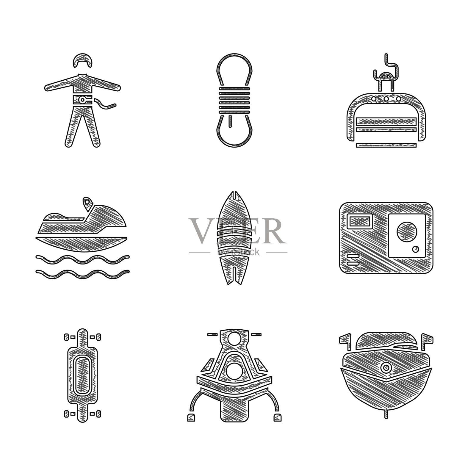 设置冲浪板雪地摩托快艇行动图标素材