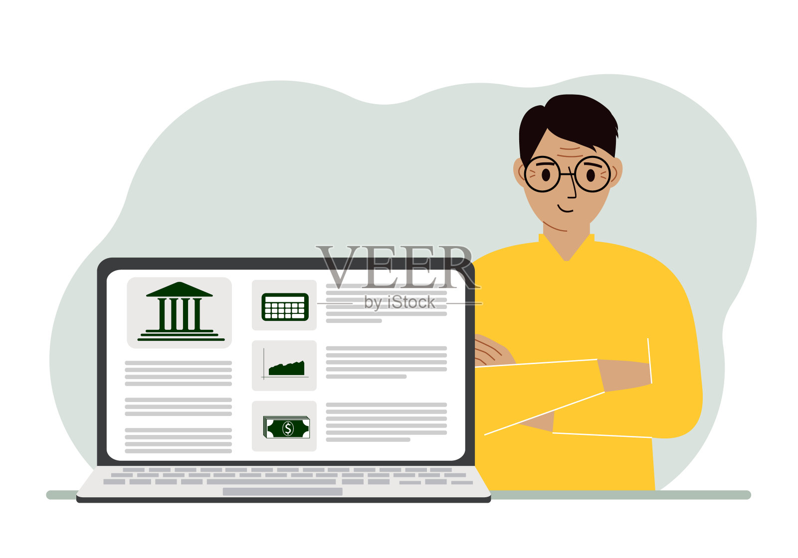 从笔记本电脑或电脑网站进行票据支付、存款、银行账户管理的概念。带着笔记本电脑和银行网站的男人。插画图片素材