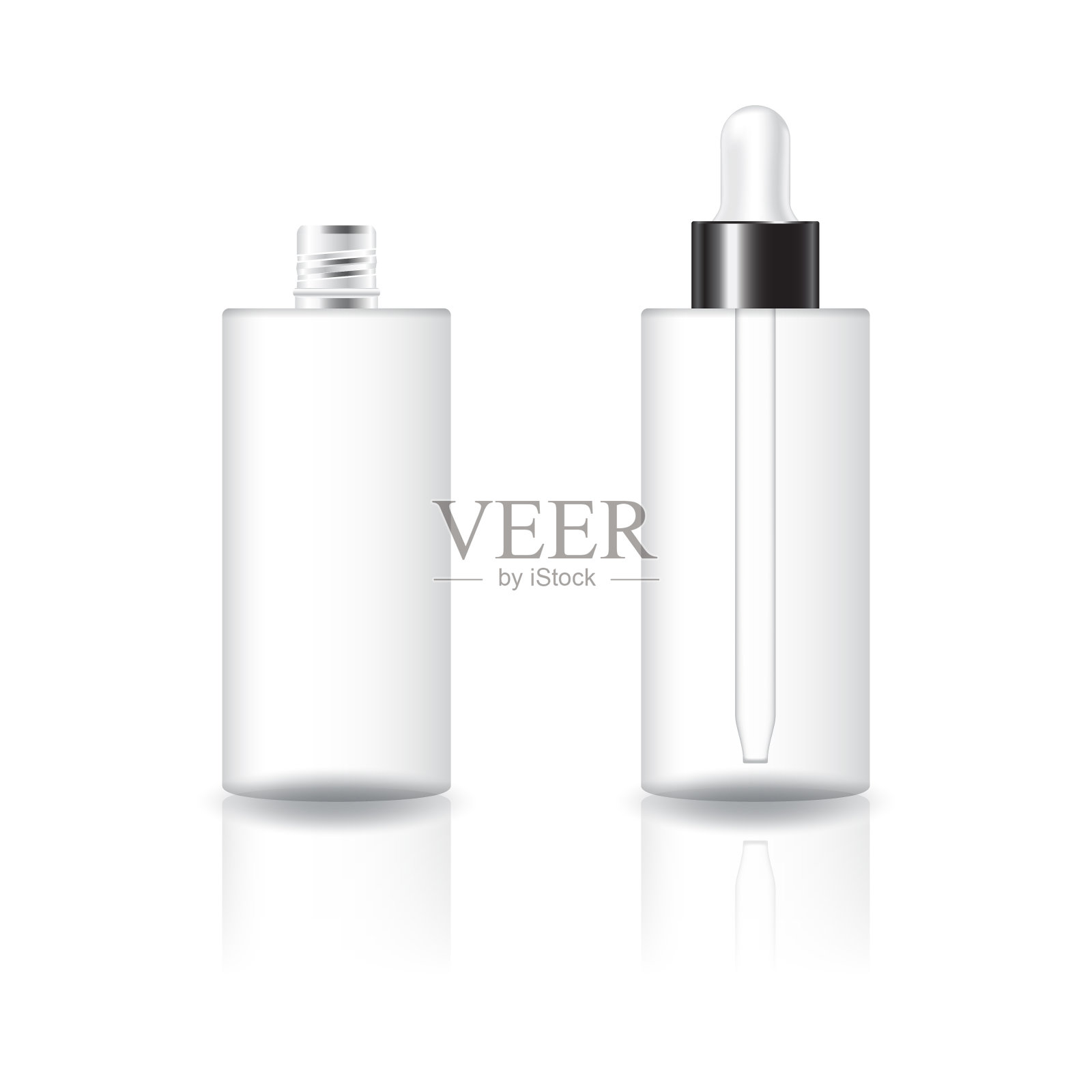空白透明圆筒化妆品瓶与白色黑色滴管盖产品模型模板。插画图片素材