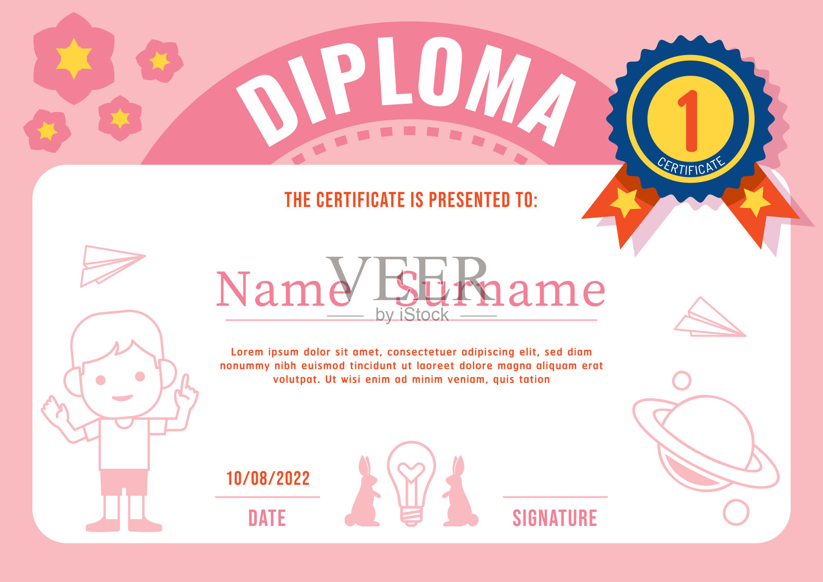 幼儿证书文凭，幼儿园模板布局粉红色矢量。插画图片素材