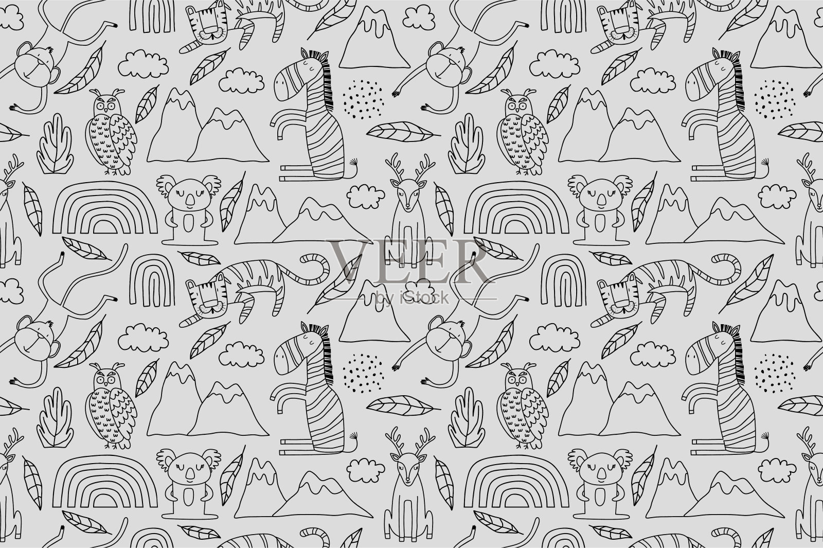 可爱的无缝图案与野生动物线艺术。插画图片素材