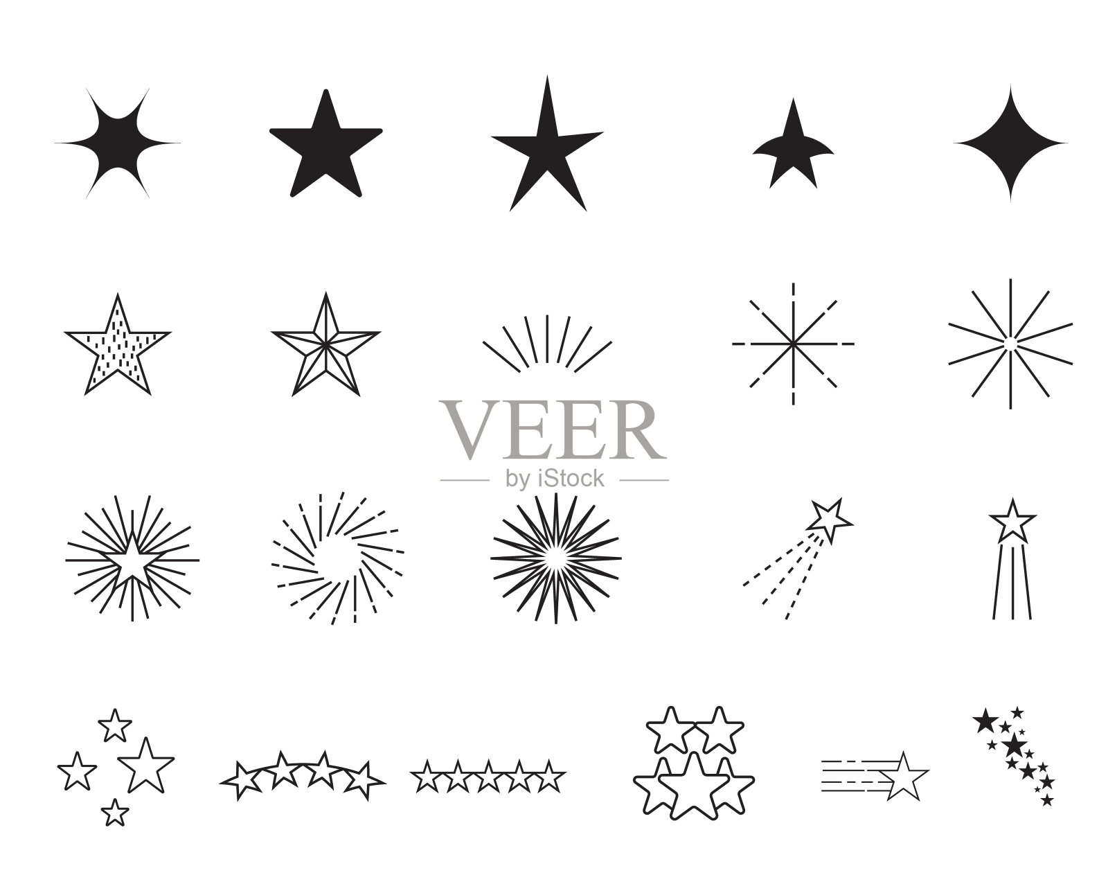 星星和烟花收藏矢量，黑色线条艺术，彩虹大集孤立，星星图标平面风格。向量illustrationPrint图标素材