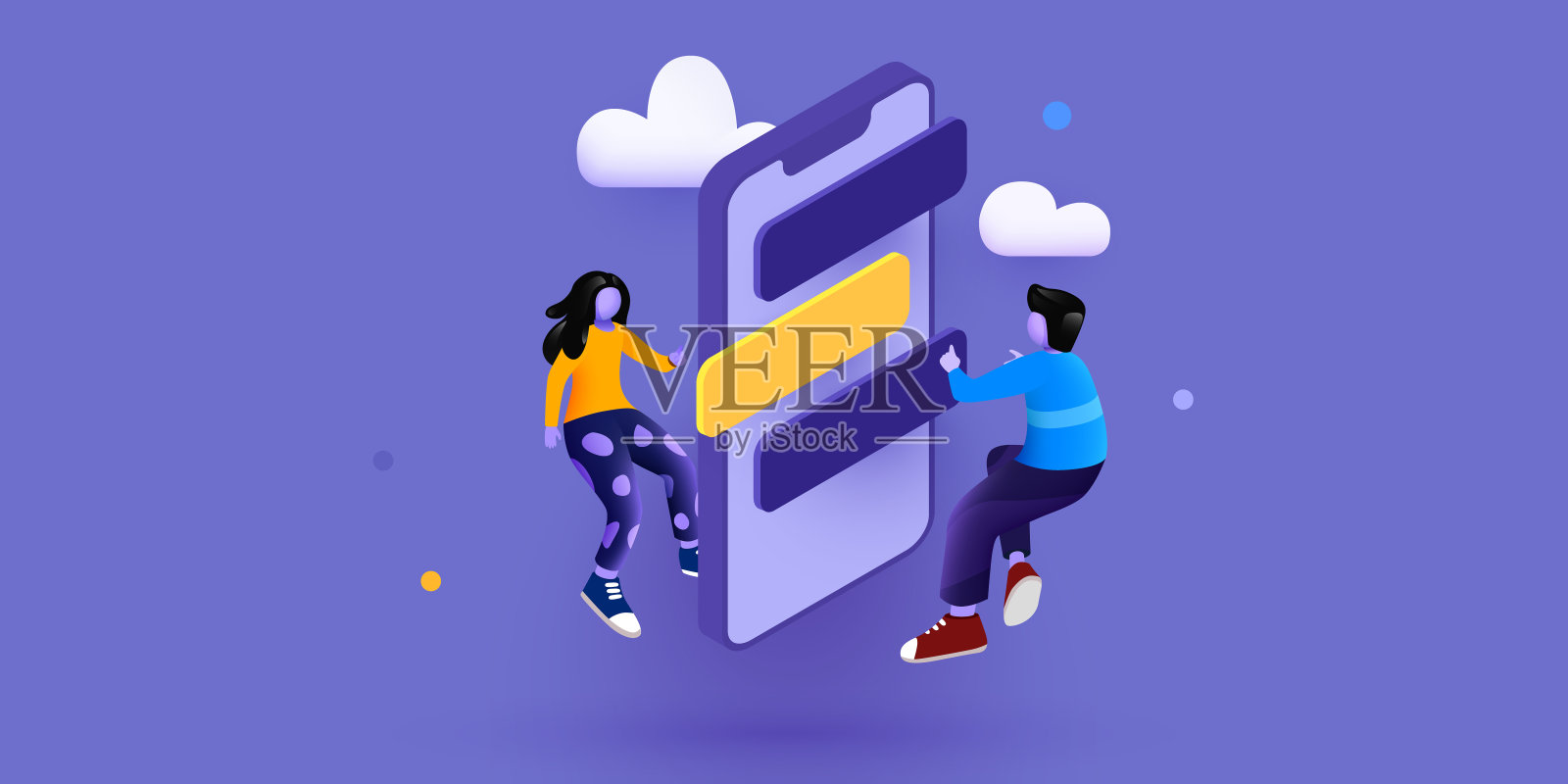 人们在智能手机的聊天泡泡里飞来飞去。社交媒体，信息或在线支持的概念。设计模板素材