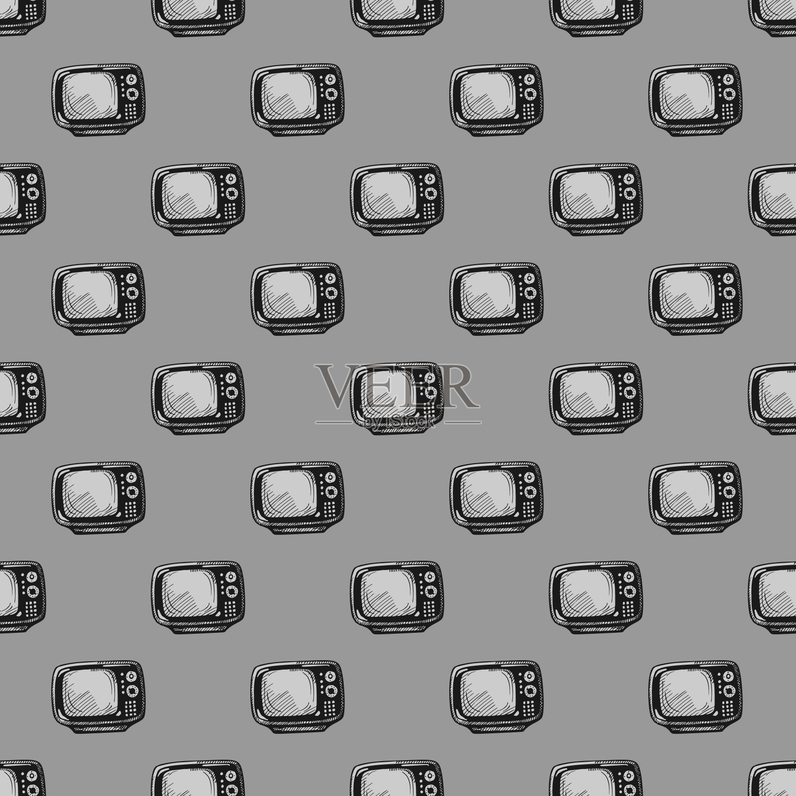 复古电视雕刻无缝图案。复古电视背景手绘风格。插画图片素材