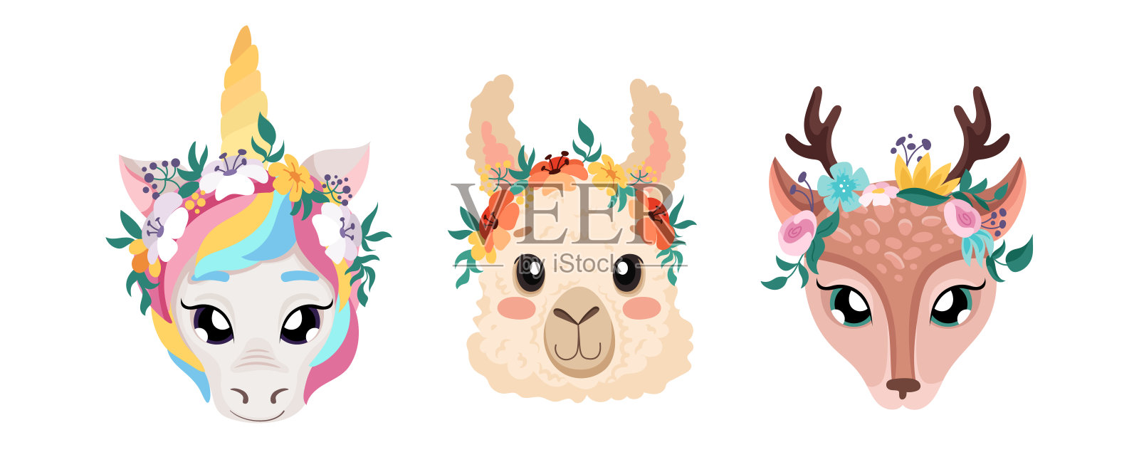 花冠花圈设置动物独角兽，羊驼，鹿。夏天或春天的花孤立在白色背景的头带设计或婚礼。向量的卡通插图插画图片素材