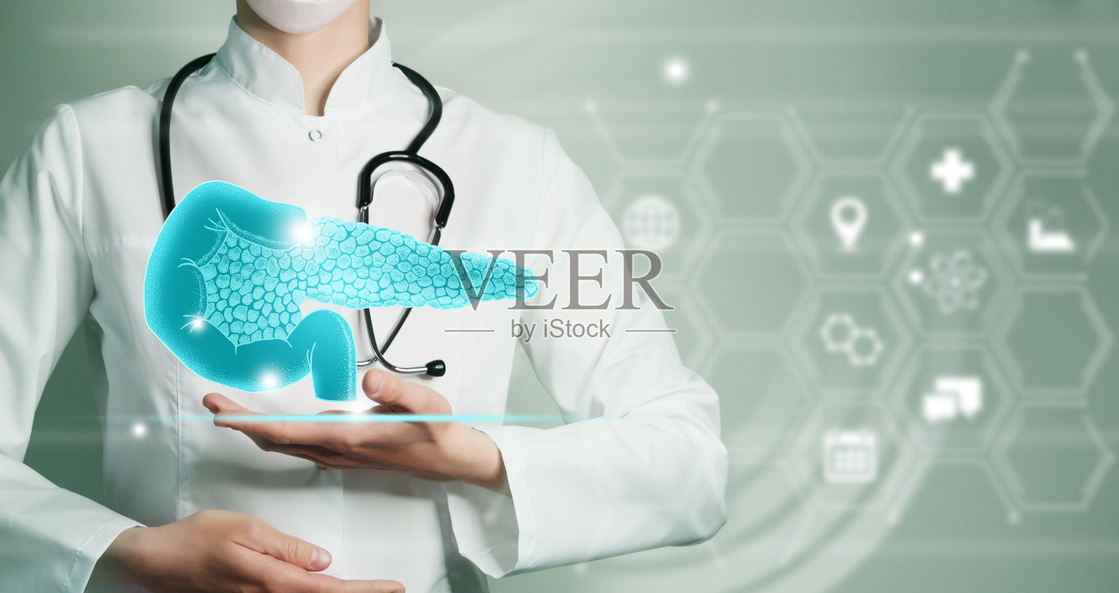 不明身份的女医生手持胰腺器官的图形虚拟可视化模型。背景上有多个医学图标。照片摄影图片