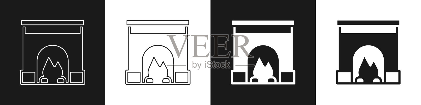 设置室内壁炉图标孤立在黑色和插画图片素材