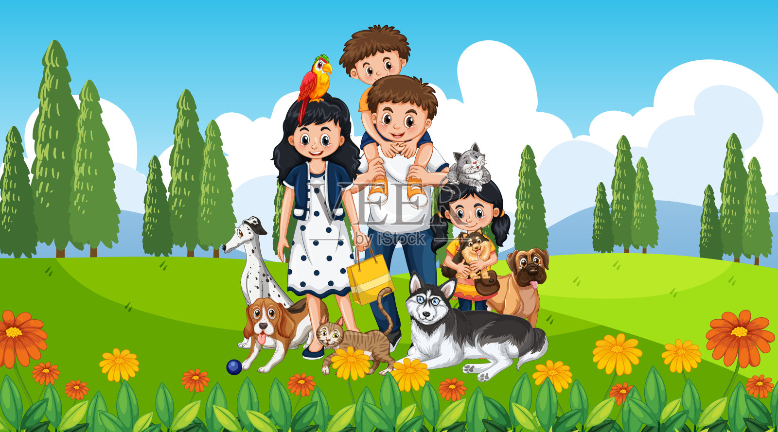 户外场景与幸福的家庭和狗插画图片素材