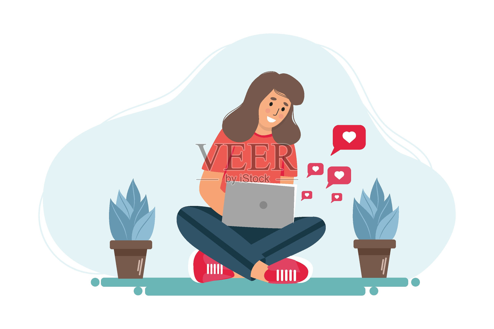 快乐的女人坐在装饰有爱心信息的笔记本电脑旁插画图片素材