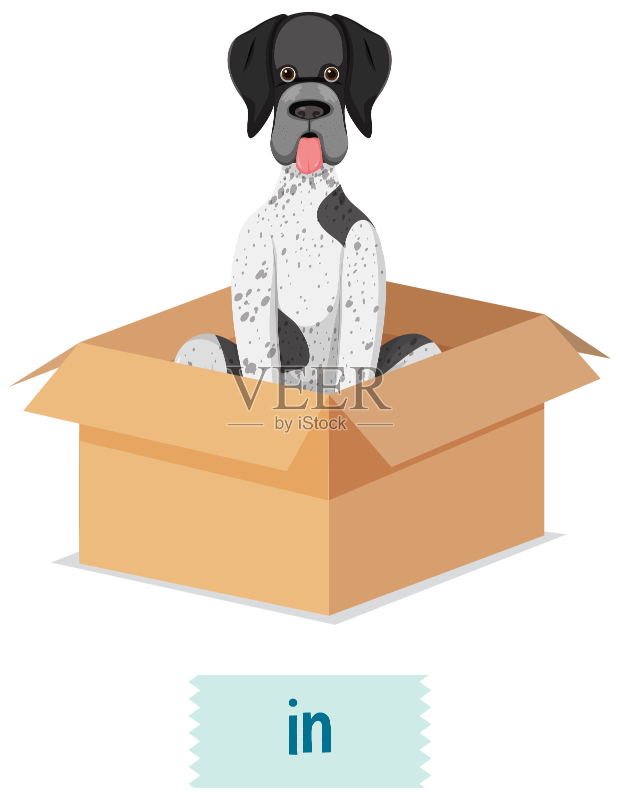 介词卡片与狗在盒子里插画图片素材