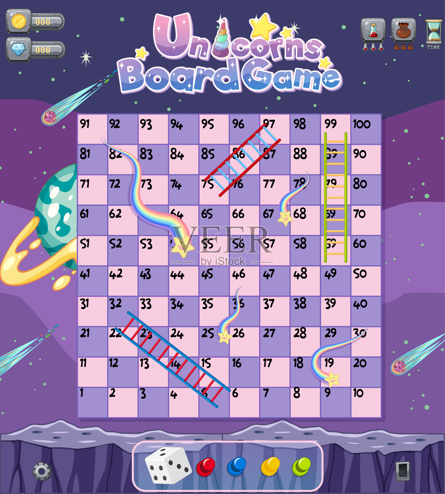 太空背景的蛇梯游戏模板插画图片素材