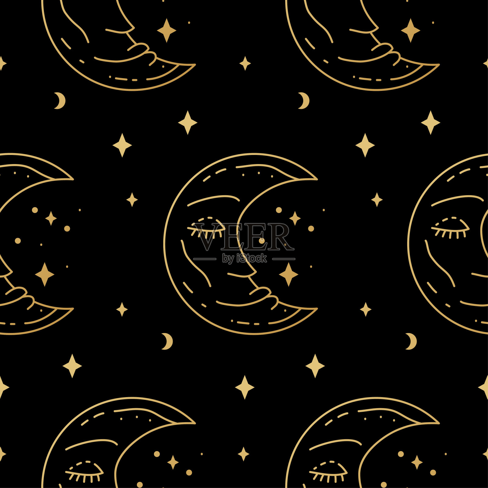 天界黑金无缝的神秘图案。波西米亚神秘印花设计插画图片素材