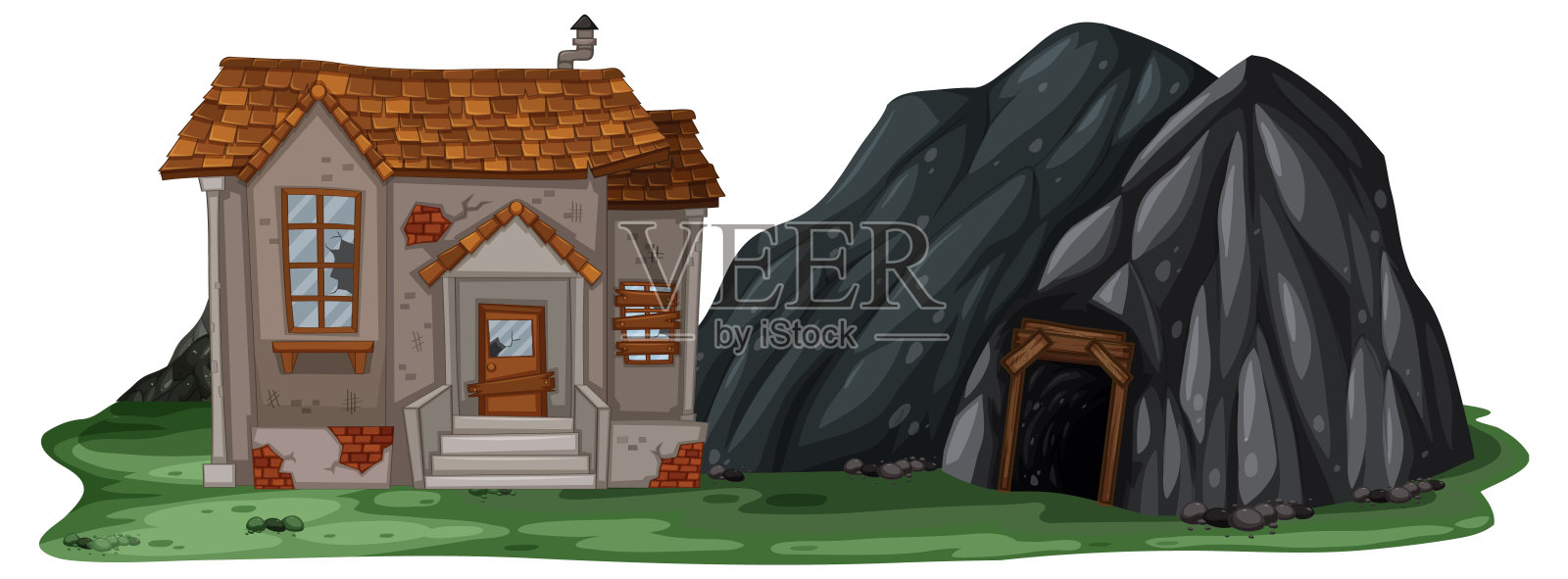 一个废弃的房子，白色背景上有一个岩洞插画图片素材