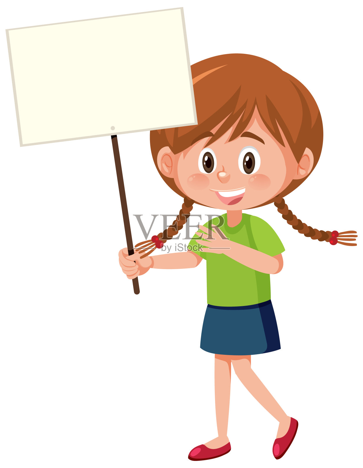 小女孩举着卡通风格的空横幅插画图片素材