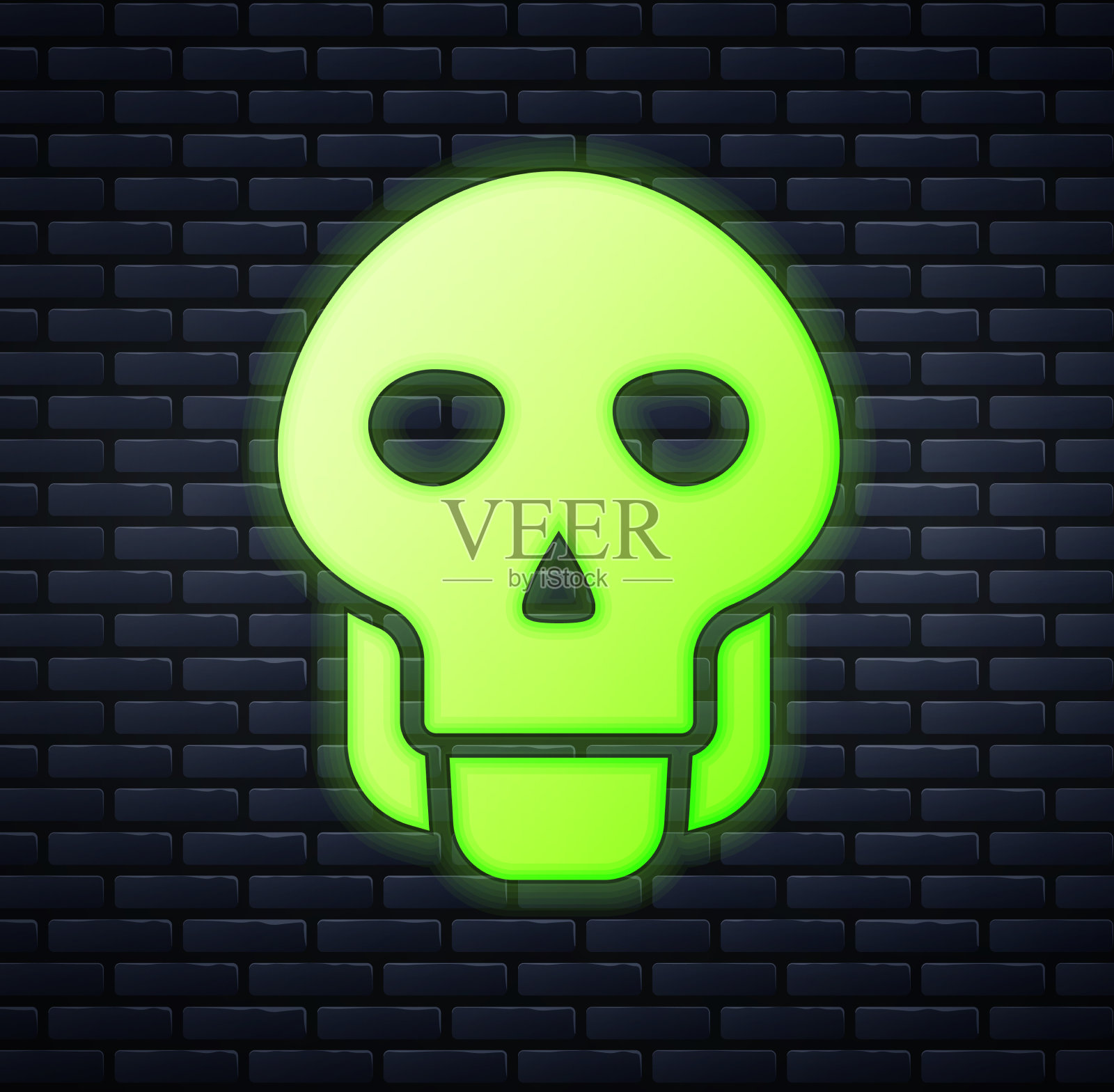 发光的霓虹灯骷髅图标孤立在砖墙上插画图片素材