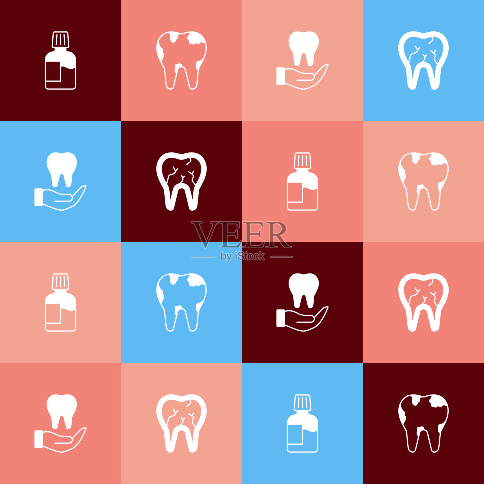 设置波普艺术漱口水断牙和牙齿图标素材