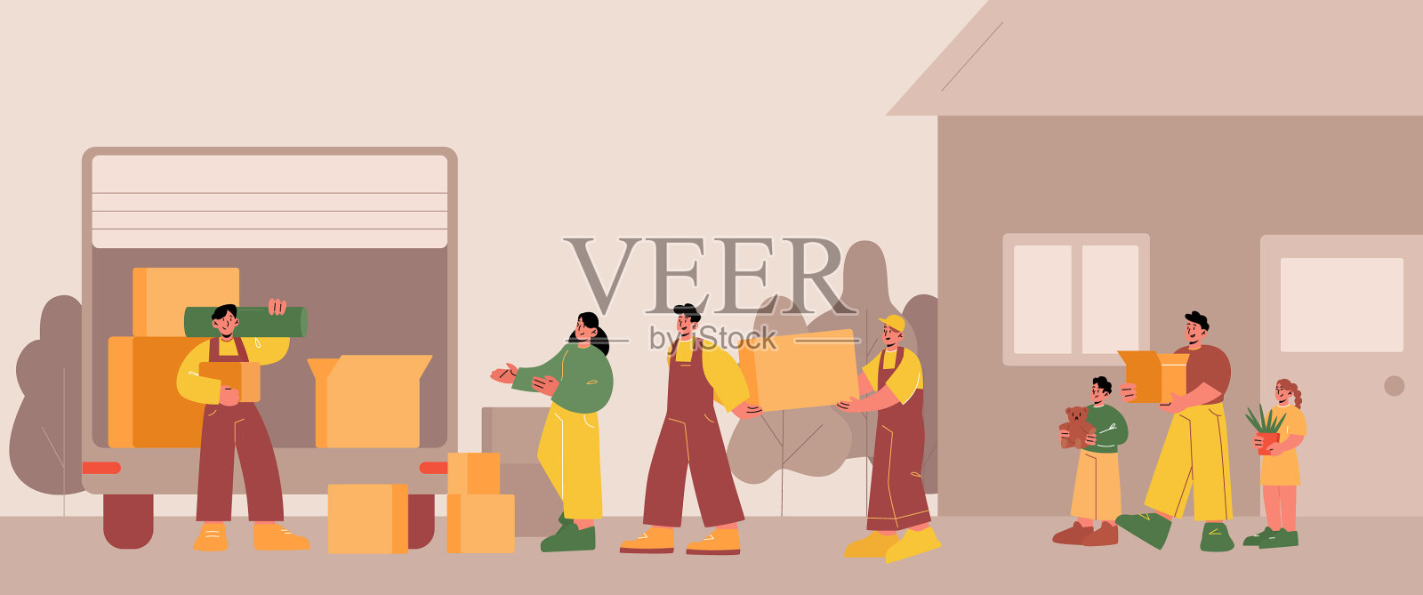 一家人搬到新房子用的是纸板箱插画图片素材