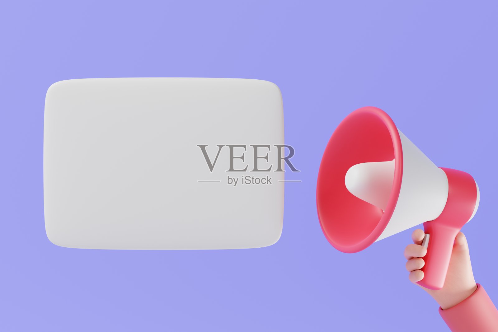 紫色背景的手持扬声器或扩音器。信息公告的概念。三维渲染照片摄影图片