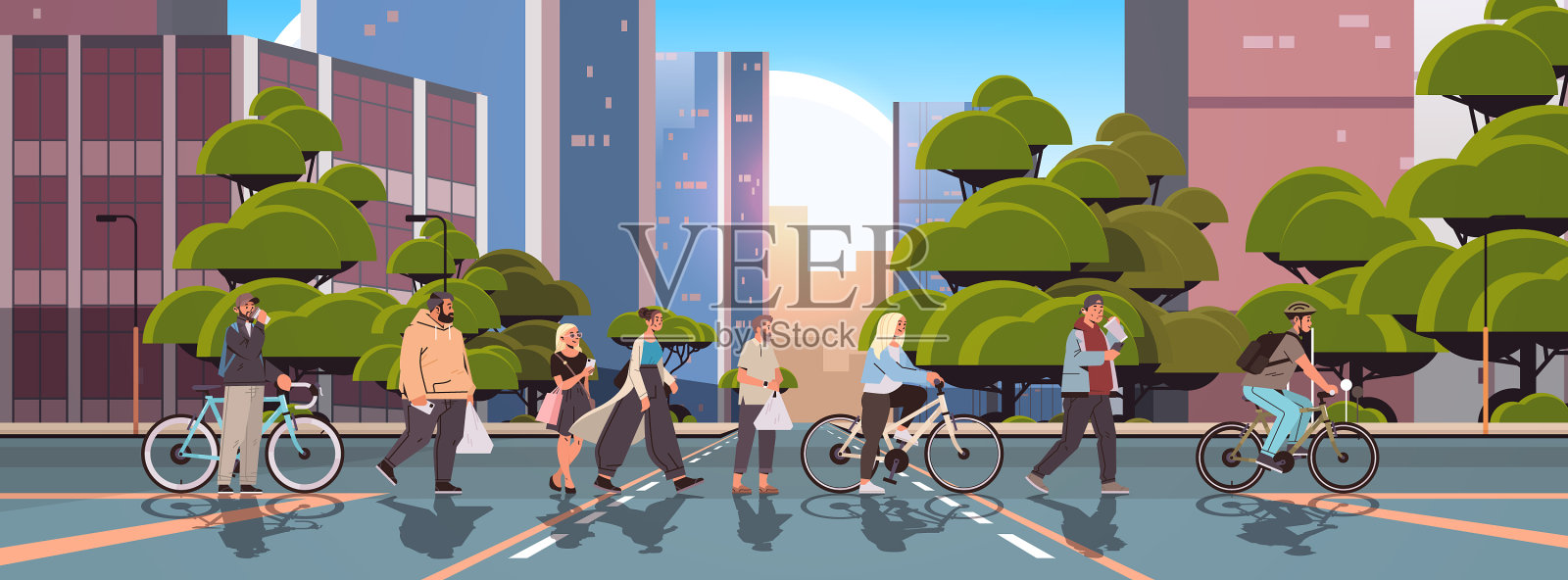 骑车人和行人走在街上插画图片素材