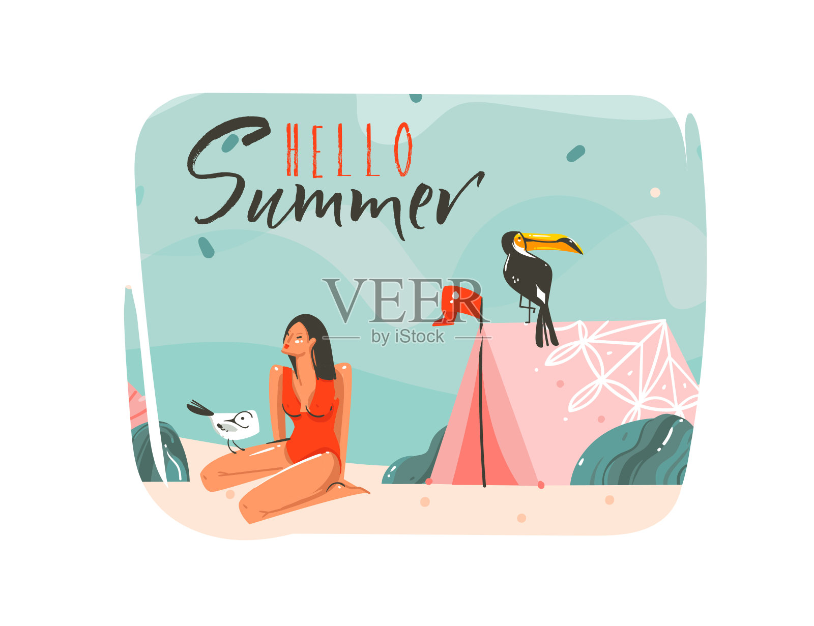 手绘矢量抽象卡通夏季时间图形插图艺术模板背景与海洋海滩景观，粉红色的帐篷，巨嘴鸟和美丽的女孩与你好夏天排版引用文本插画图片素材