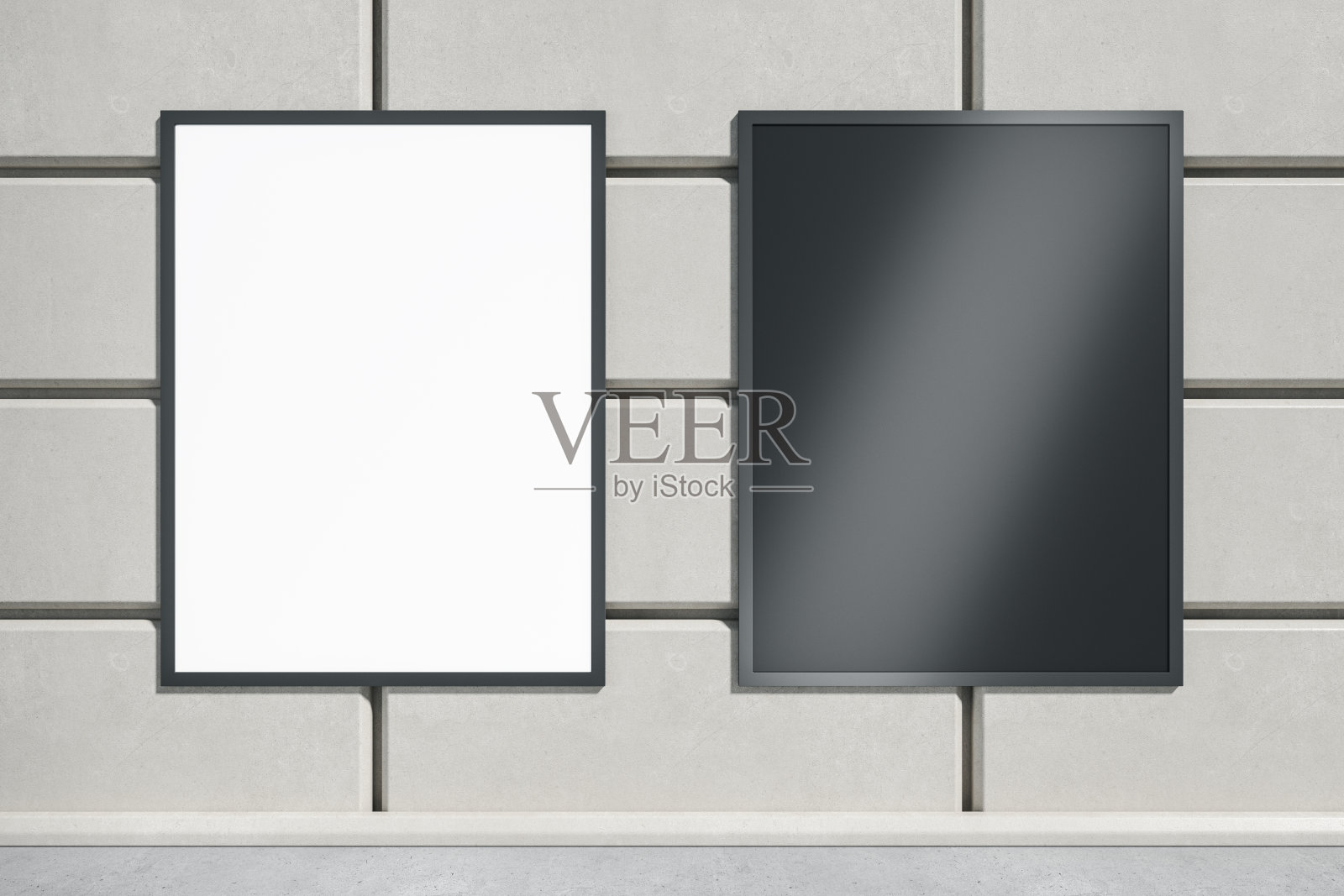 抽象的混凝土瓷砖墙，空荡荡的黑白广告牌和日光。广告、商业和信息概念。模拟，3D渲染。照片摄影图片