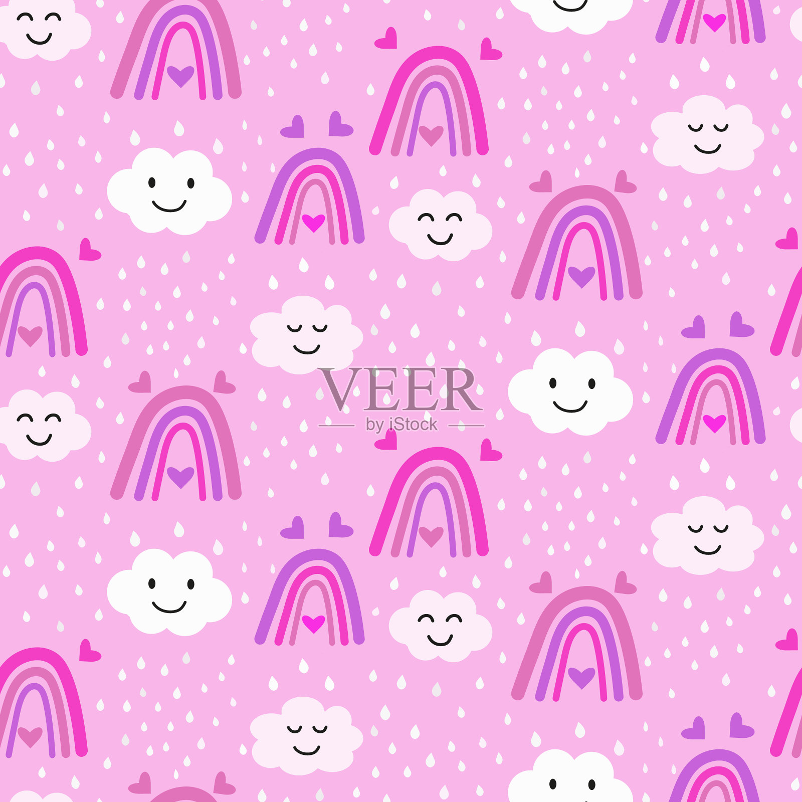 粉红色的彩虹和微笑的云无缝图案插画图片素材