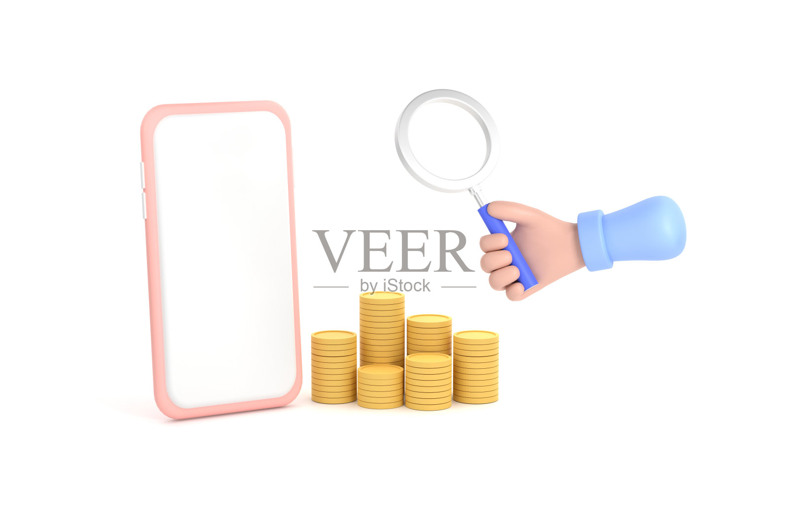 3 d。手持放大镜和智能手机，硬币和信用卡。金融的概念。照片摄影图片