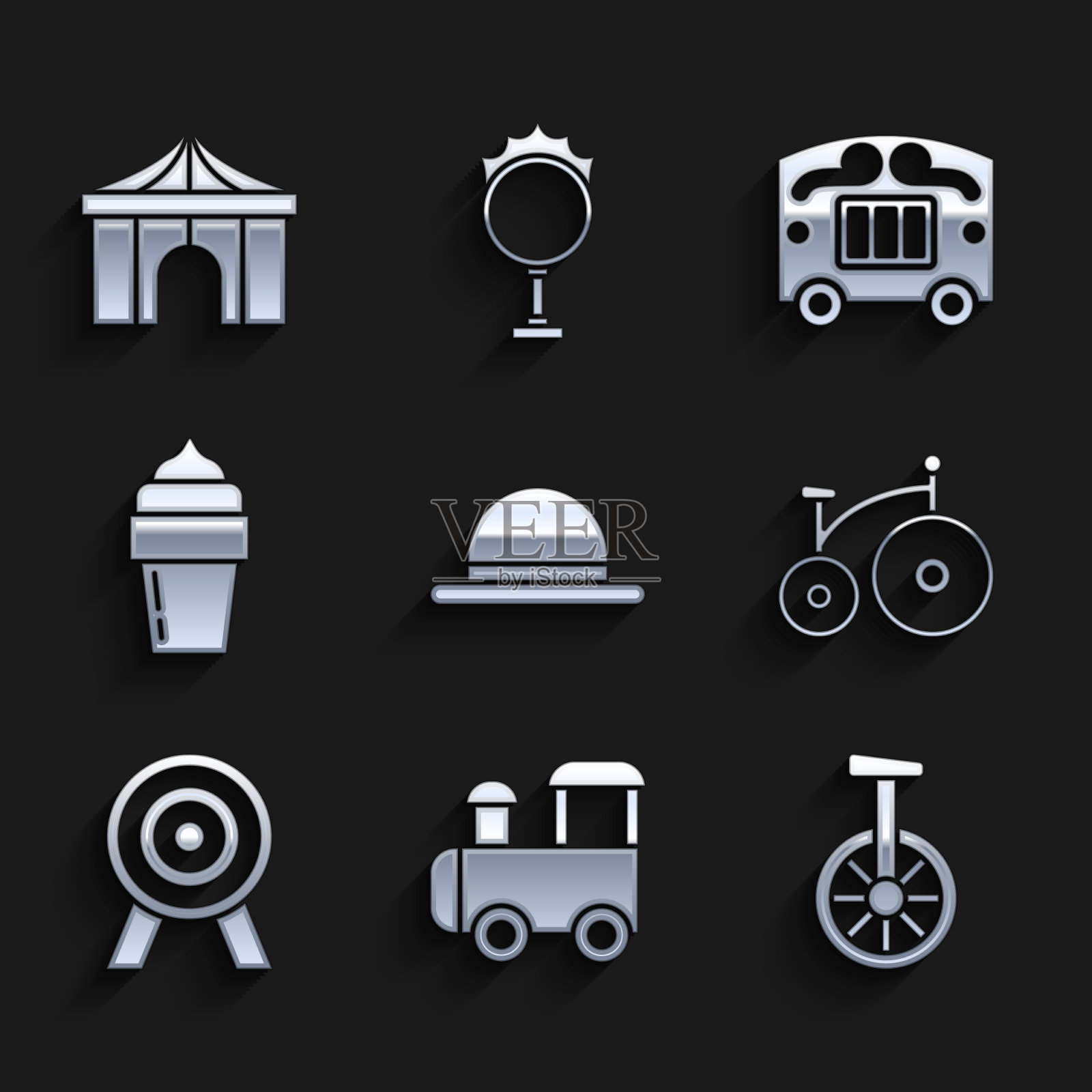 设置小丑帽子玩具火车独轮车或一个轮子图标素材