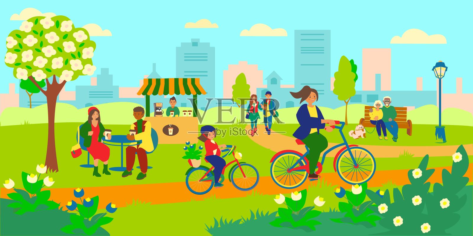 春天的城市。背景是咖啡亭年轻的夫妇在春天的公园里散步喝咖啡年长的夫妇和他们的狗坐在长椅上女人带着女儿骑着风筝。插画图片素材