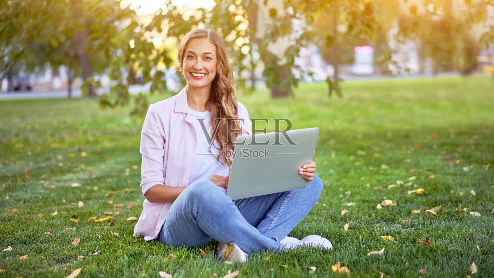 商务女性坐在草地夏季公园使用笔记本电脑商务人士远程工作。在户外照片摄影图片