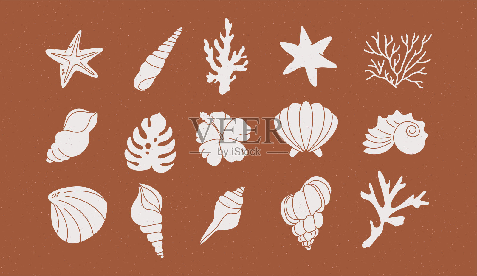 夏天的图标与珊瑚，棕榈叶和贝壳。可爱的海，海洋和棕色的背景与沙子。为社交媒体，住宿租赁和旅游服务。插画图片素材