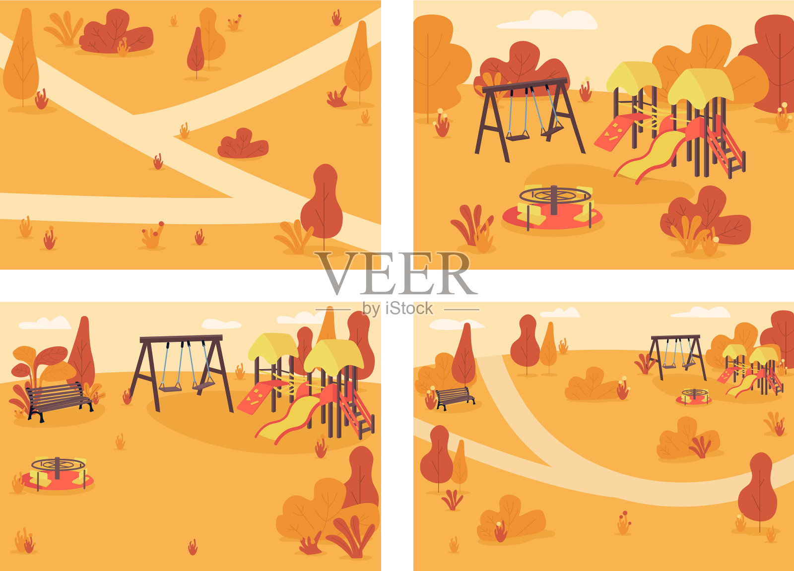 公共公园在秋天的时候平坦的颜色设置插画图片素材