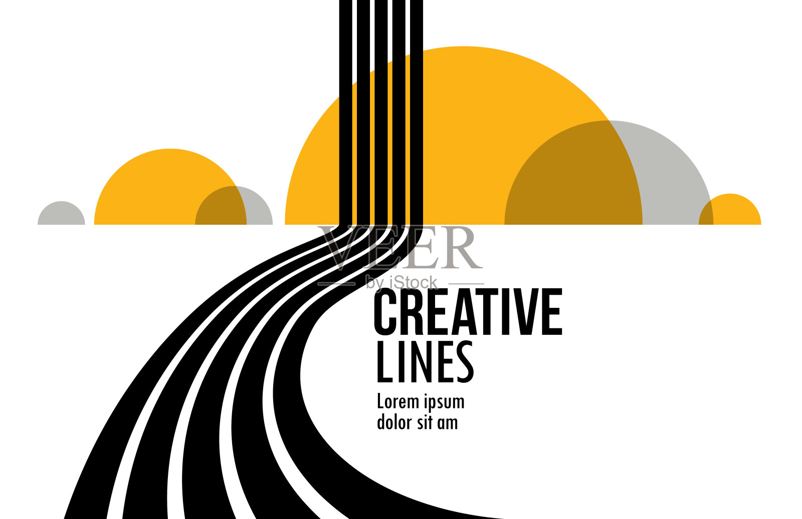 未来的线在三维透视矢量抽象背景，黑色和黄色的线性组成，道路到地平线和天空的概念，光学错觉op艺术。插画图片素材