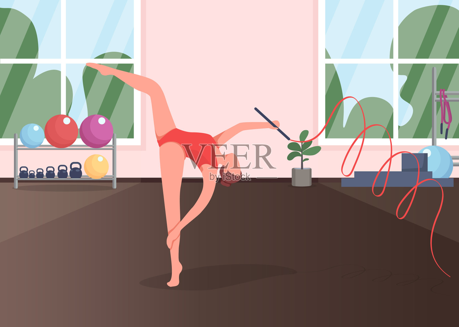 体操运动员工作室平面颜色插画图片素材
